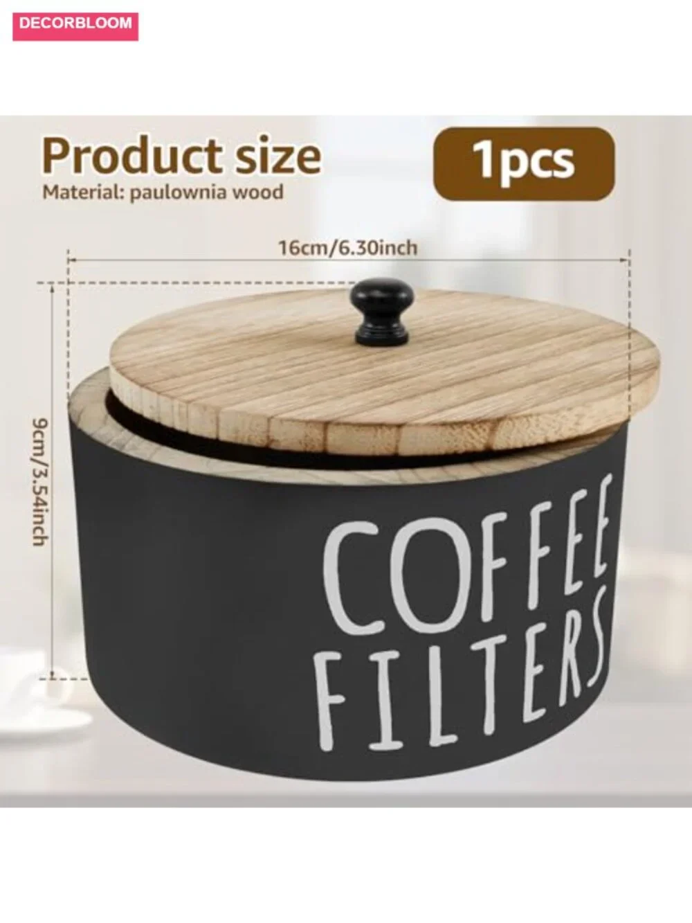 Wooden Coffee Filter Holder with Lid - Kitchen Countertop Storage Container